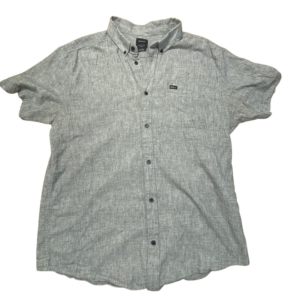 RVCA Gray Linen Blend Button Up Shirt Men's XL Slim Fit Short SleeveR